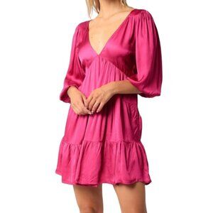 Olivaceous Tiered V-Neck Open Back Satin Mini Dress Fuchsia Pink Size Medium NWT